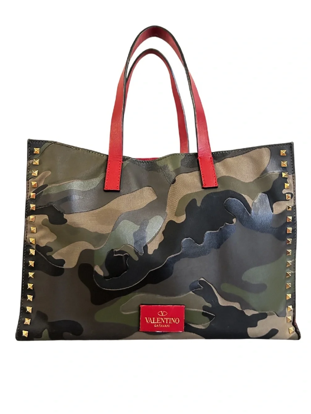 Valentino Garavani Rockstud Camouflage Tote with Red Handles and Gold Studs